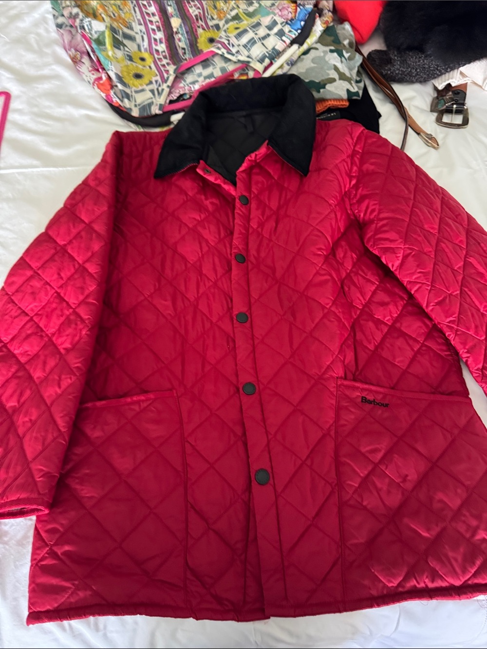 Barbour Quilted Red Puffer Jacket with Black Collar